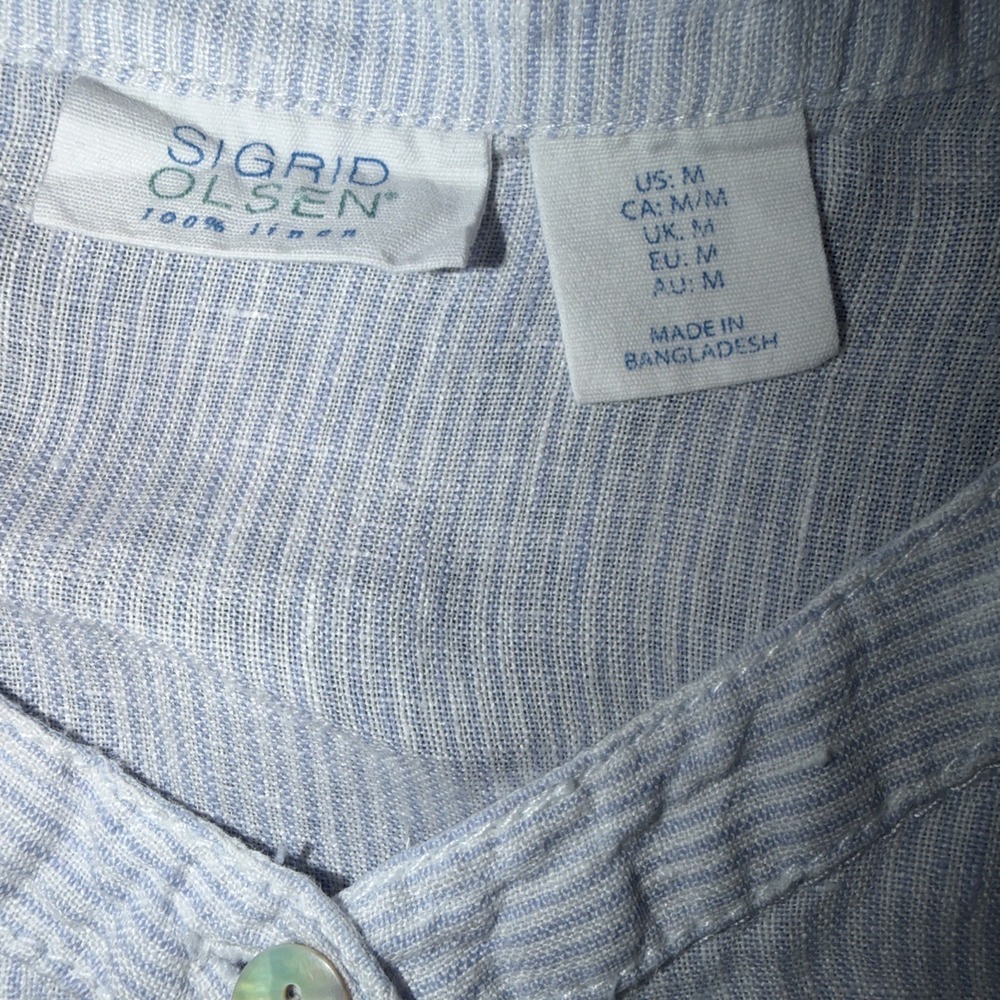 Sigrid Olsen Women's 100% Linen Blue White Stripe Shirt Size Medium Button Up LS - Picture 4 of 4